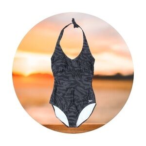 Speedo Halter One Piece Swimsuit in Grey & Black Animal Print NWOT